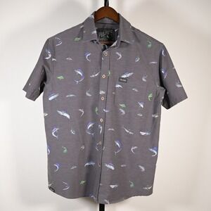 Pelagic Fishing‎ Co Mens Gray Fish Print Short Sleeve Button Down Shirt Small